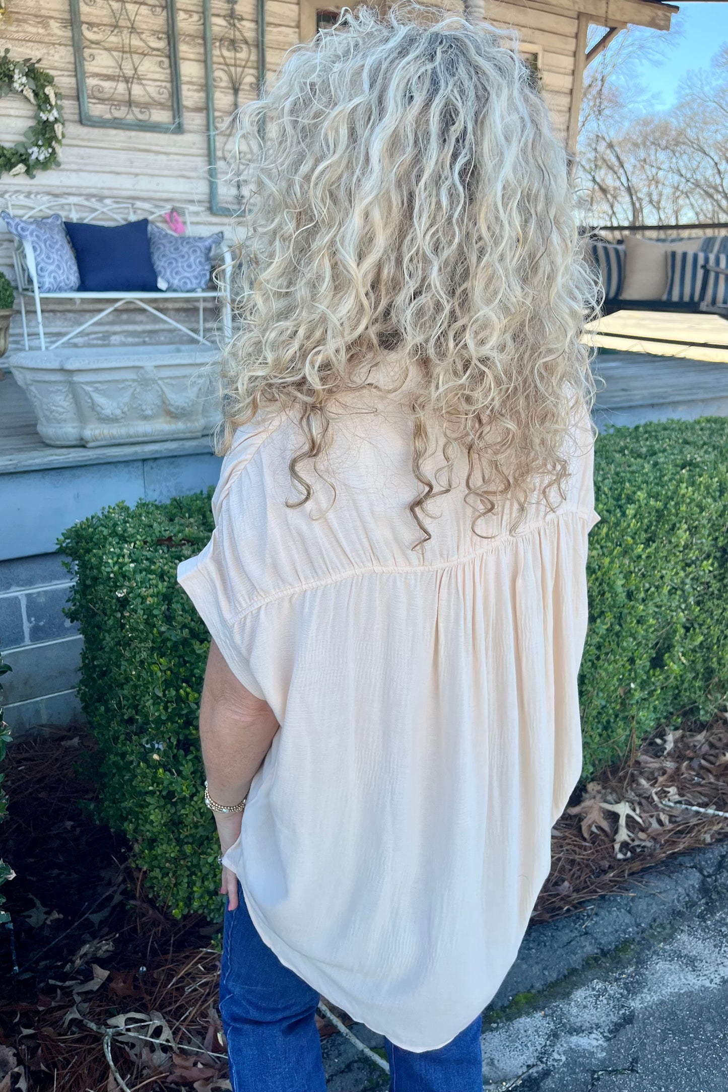 Smocked Fabric Collared Button Down Top | Light Peach