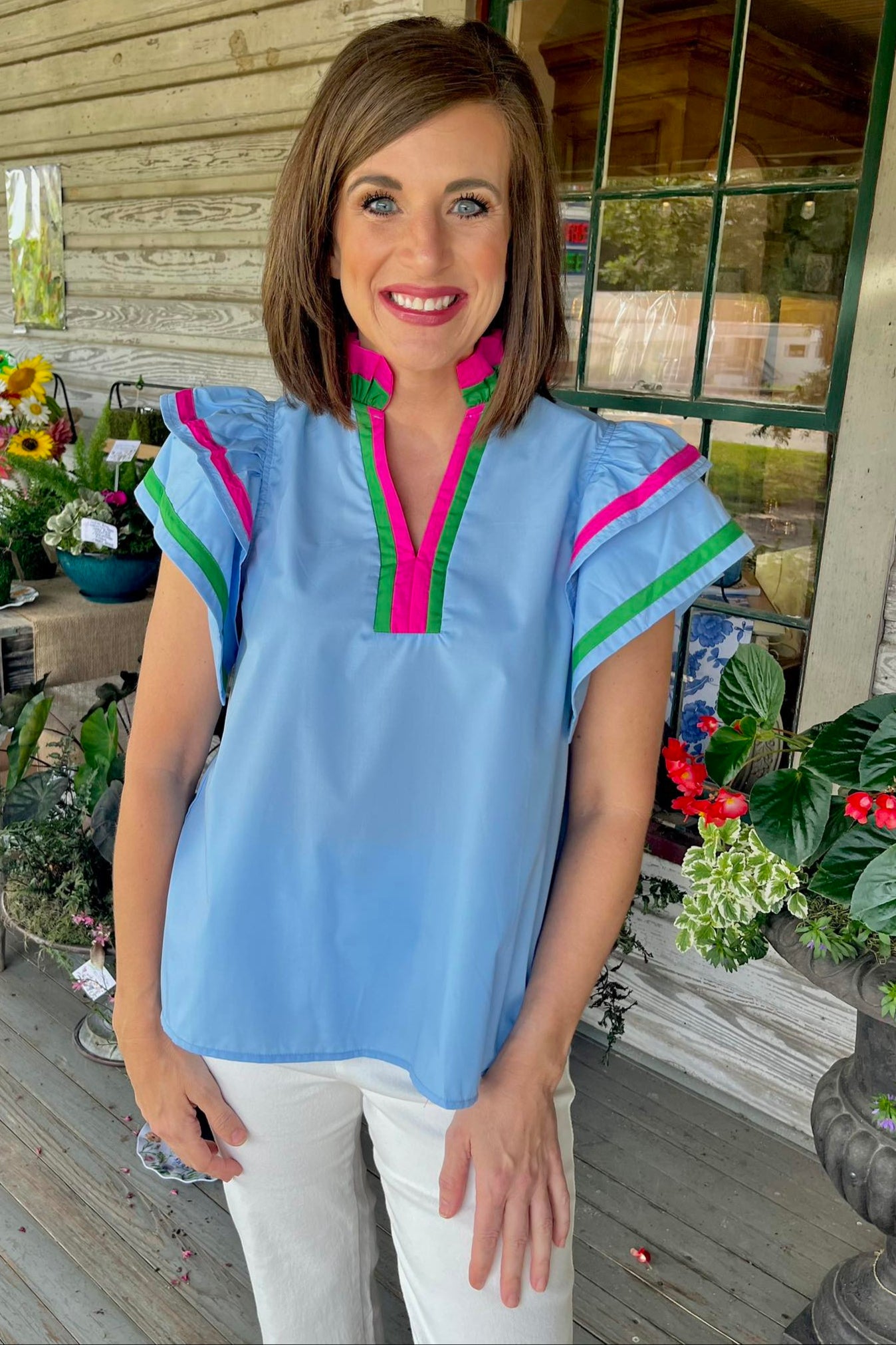 Blue Colorblock Trim Top