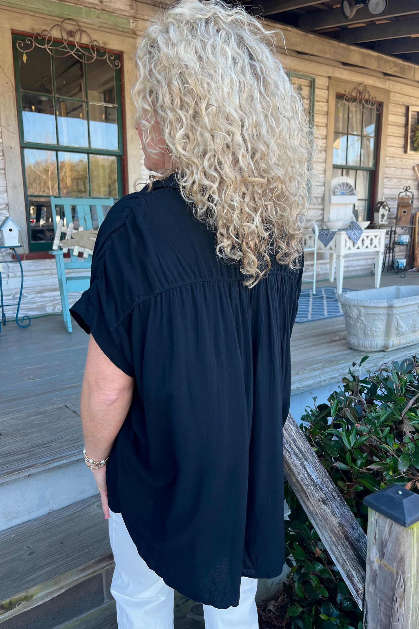 Smocked Fabric Collared Button Down | Black