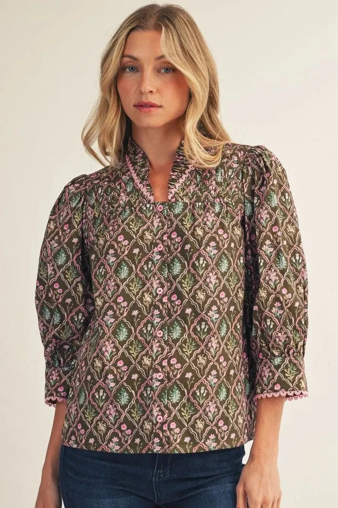 Brown Floral Button Down Top
