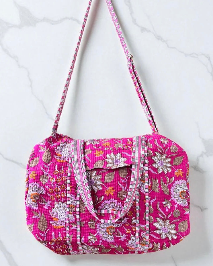 Block Print Quilted Duffel Bag: Fuchsia