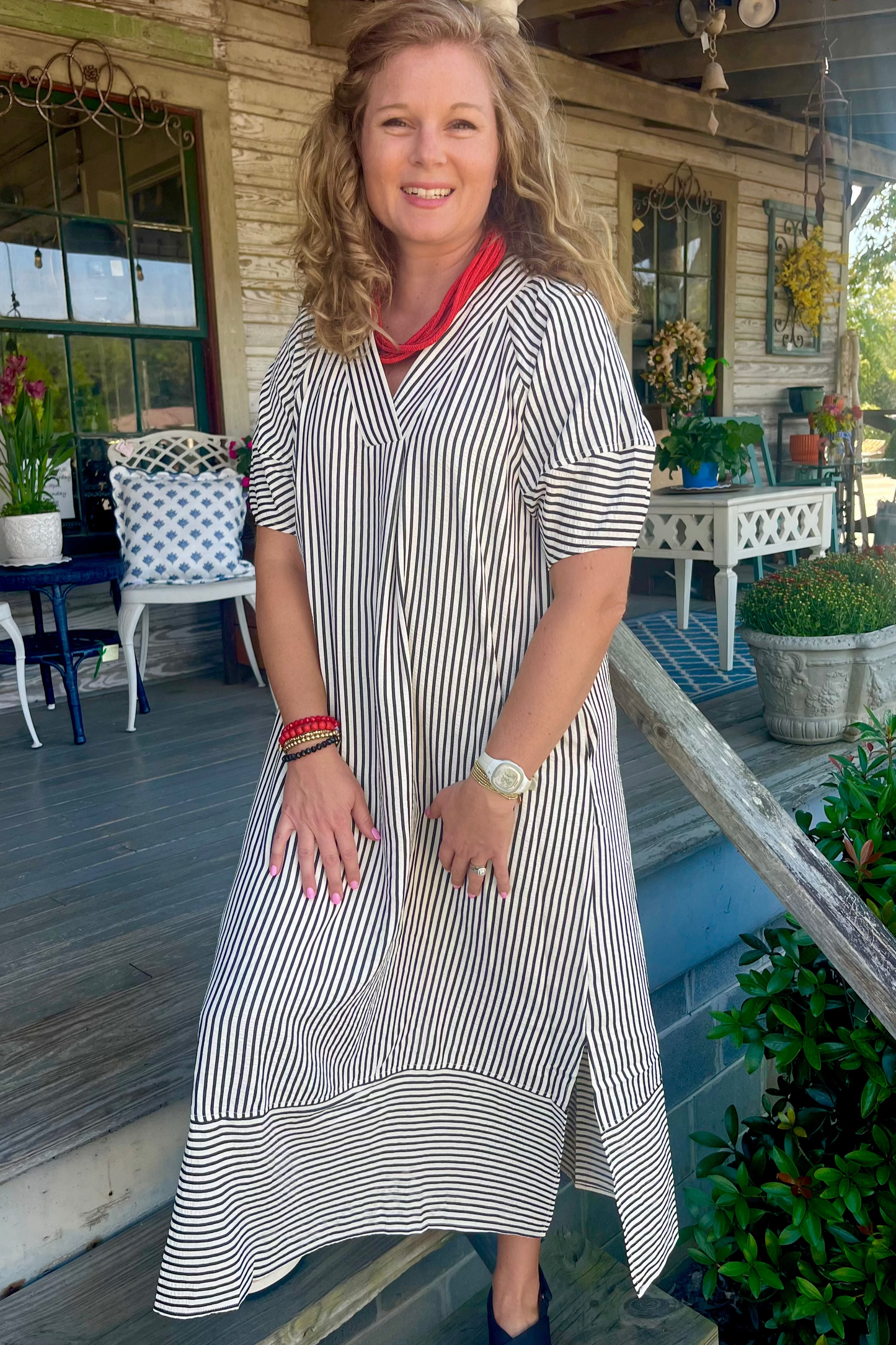 Black Stripe Seersucker Midi Dress