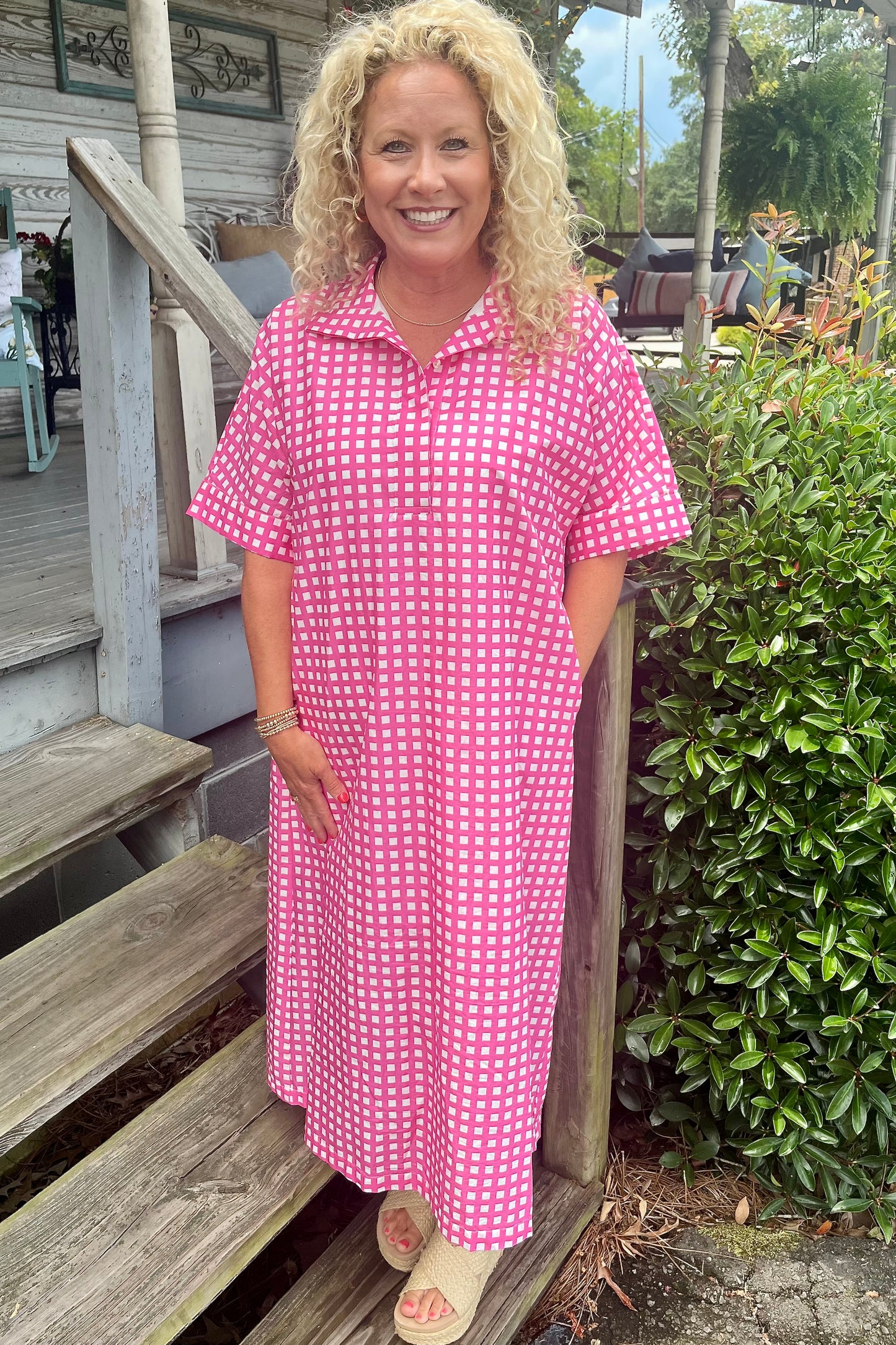Hot Pink Gingham Button Down Midi Dress