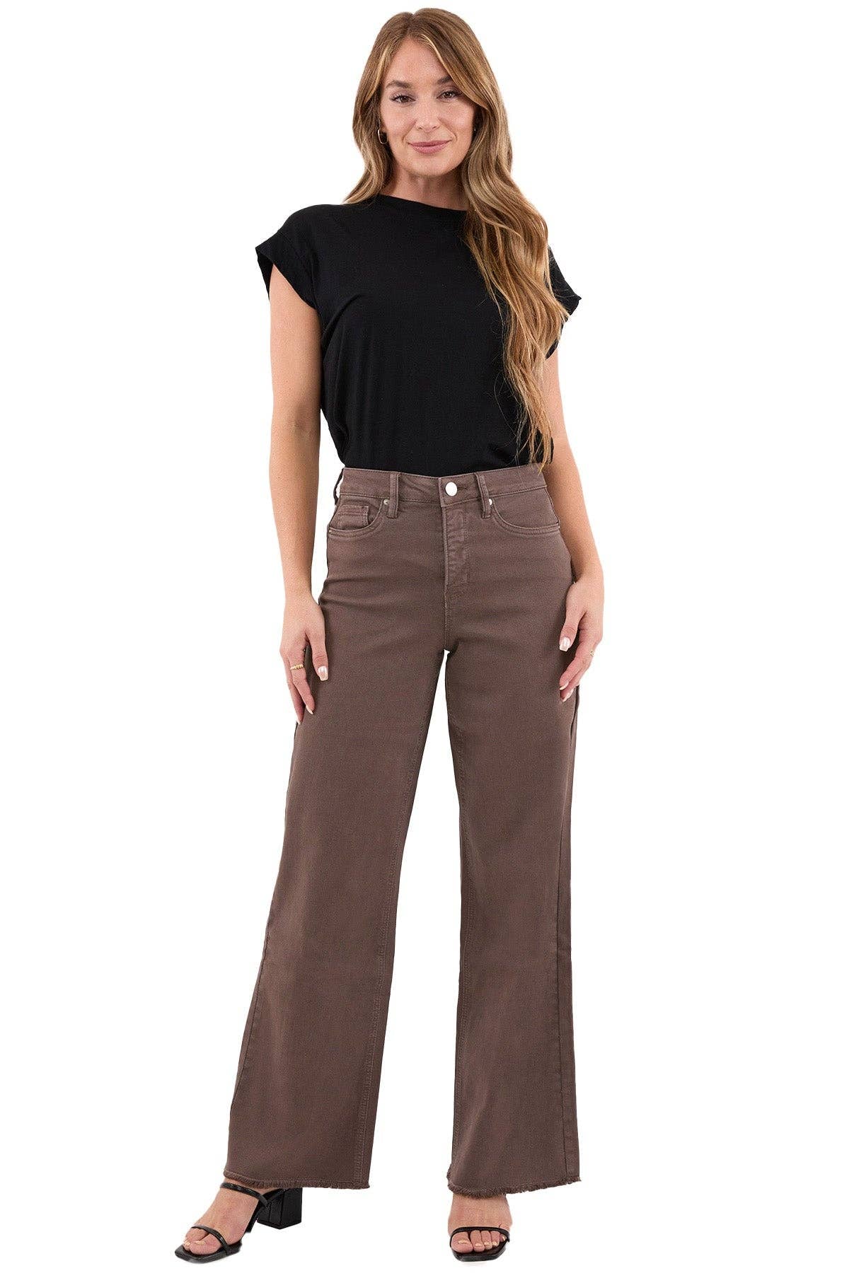 RFM - Chloe High Rise Frayed Wide Leg Pants: Java / 11/30
