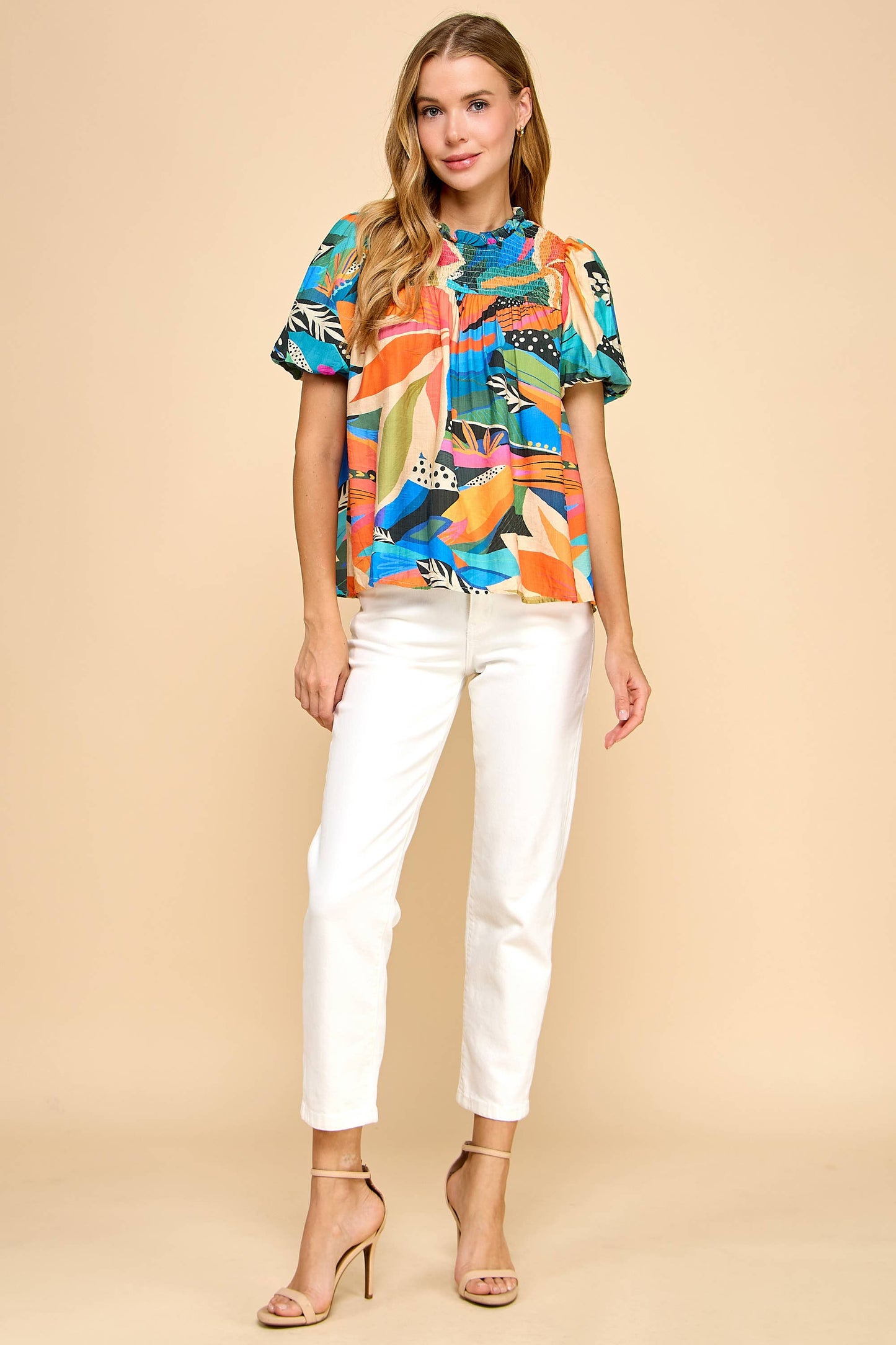 TCEC - CT9486-Abstract Print Smoked Detail Puff Sleeves Top: MULTI / M