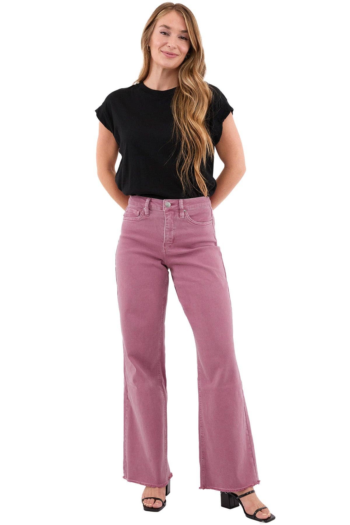 RFM - Chloe High Rise Frayed Wide Leg Pants: French Rose / 13/31