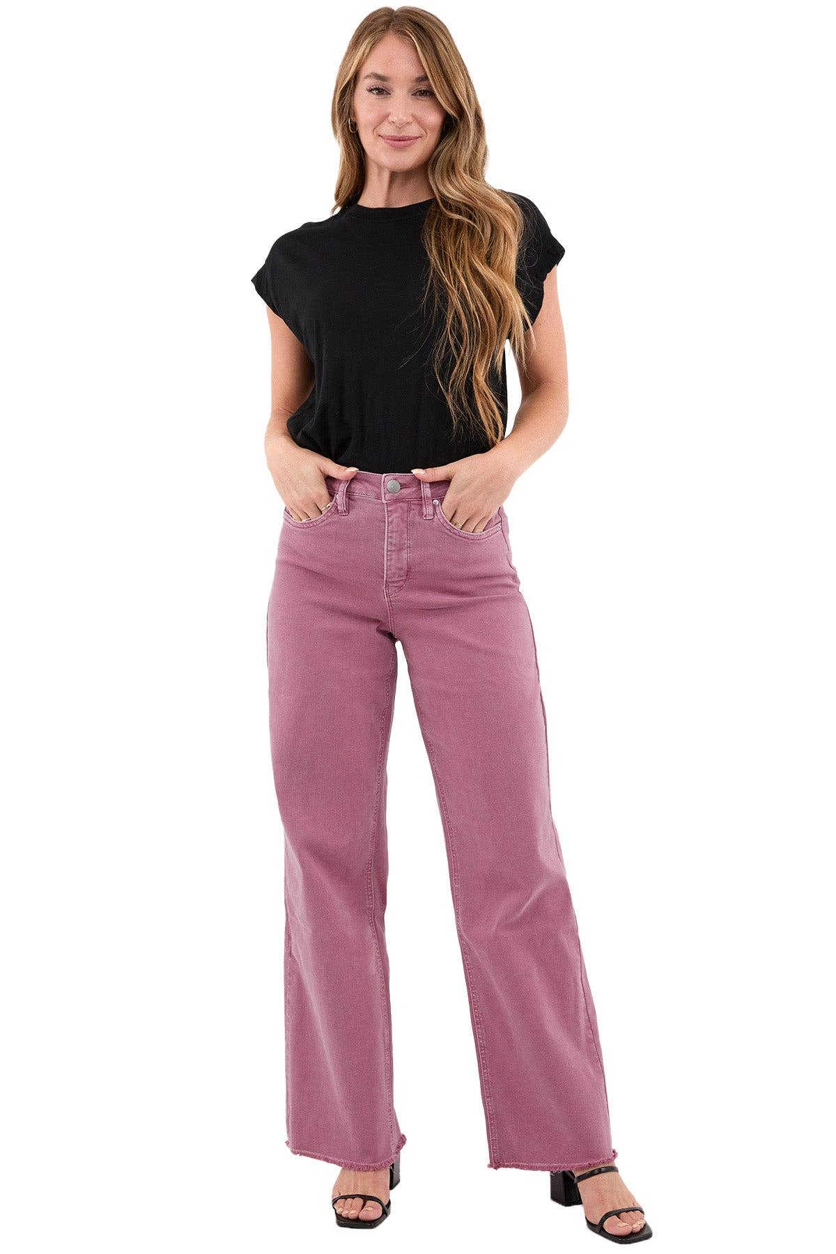 RFM - Chloe High Rise Frayed Wide Leg Pants: French Rose / 13/31