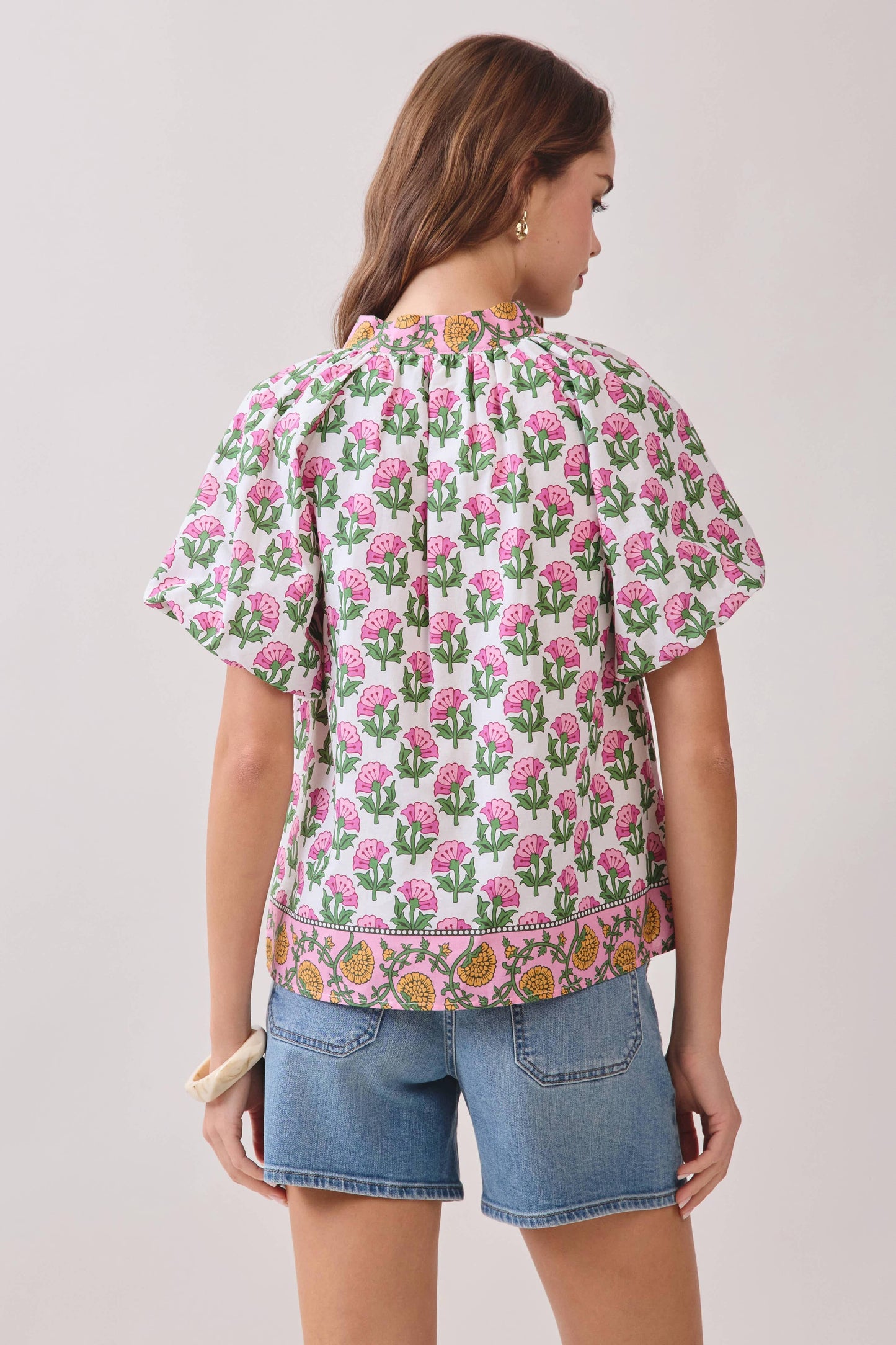 TCEC - CT9806-Floral Print Bubble Sleeves Split Neckline top: Pink / S
