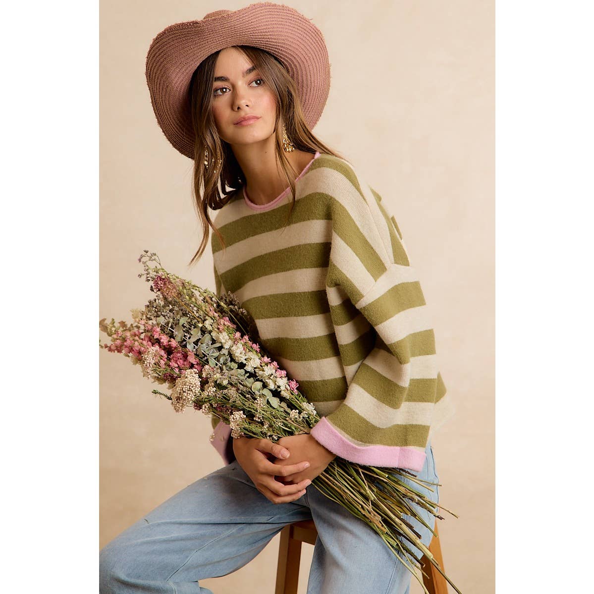 BiBi - STRIPE CONTRAST BINDING AND REVERSIBLE SWEATER: MOCHA/BLUE GREY / M