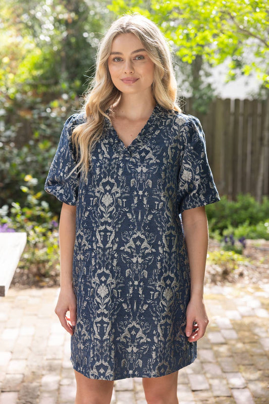 VOY - 36775 Smocked V-Neck Jacquard Shift Dress: Navy / M
