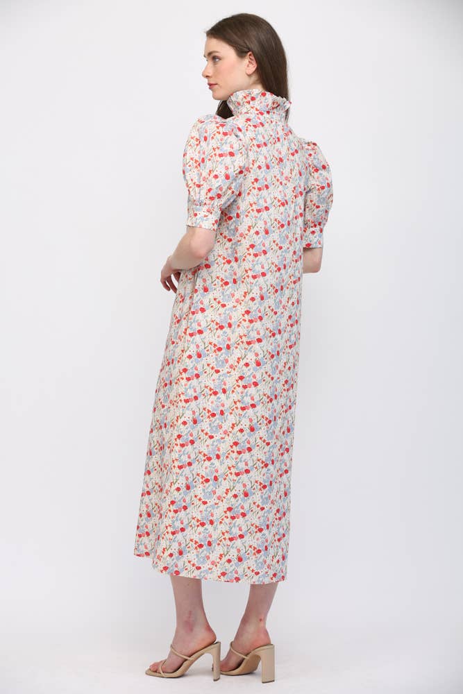 FATE - FLORAL HIGH RUFFLED COLLAR  PUFF SLV BUTTON DRESS FD30590: CREAM/ LAVENDER / M