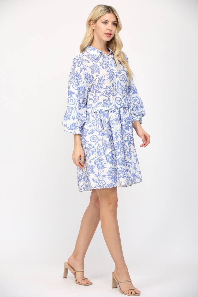 FATE - PUFF SLEEVE SHIRT MINI DRESS FD35578: WHITE/BLUE / S