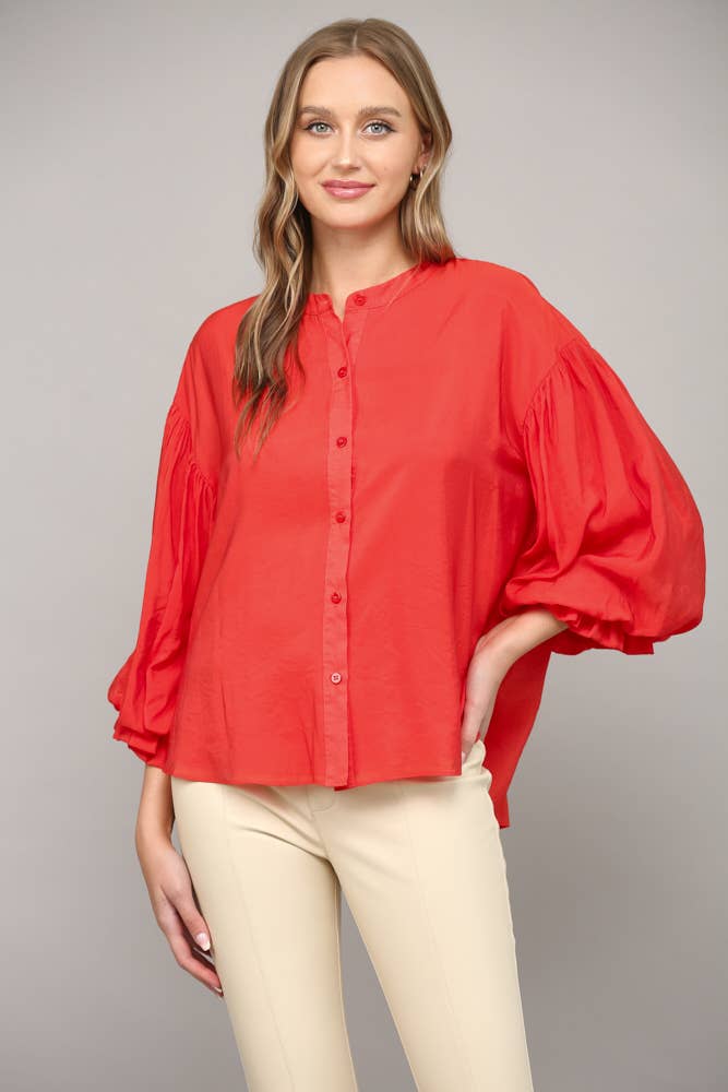 FATE - PUFF SLEEVE BUTTON DOWN SHIRT FT1585: FUCHSIA / M