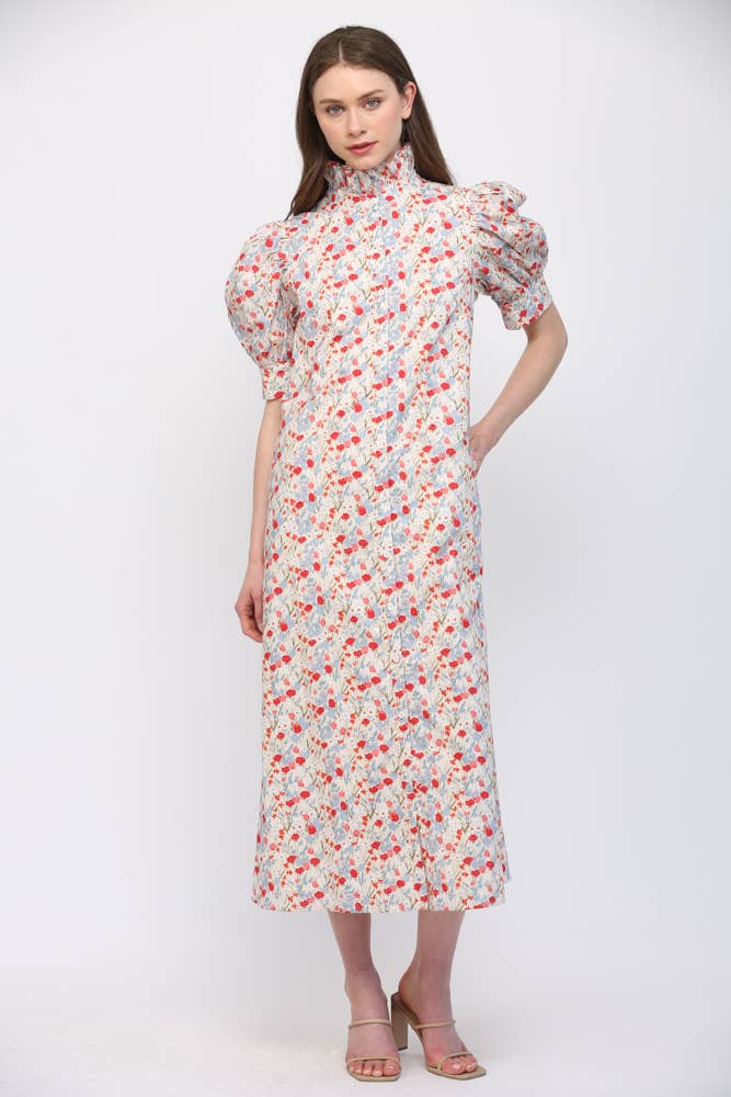 FATE - FLORAL HIGH RUFFLED COLLAR  PUFF SLV BUTTON DRESS FD30590: CREAM/ LAVENDER / M