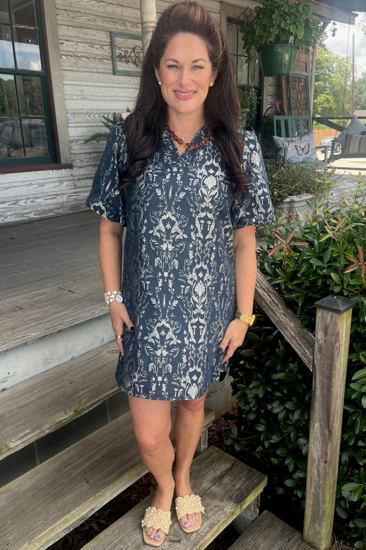 Smocked V-Neck Jacquard Shift Dress | Navy