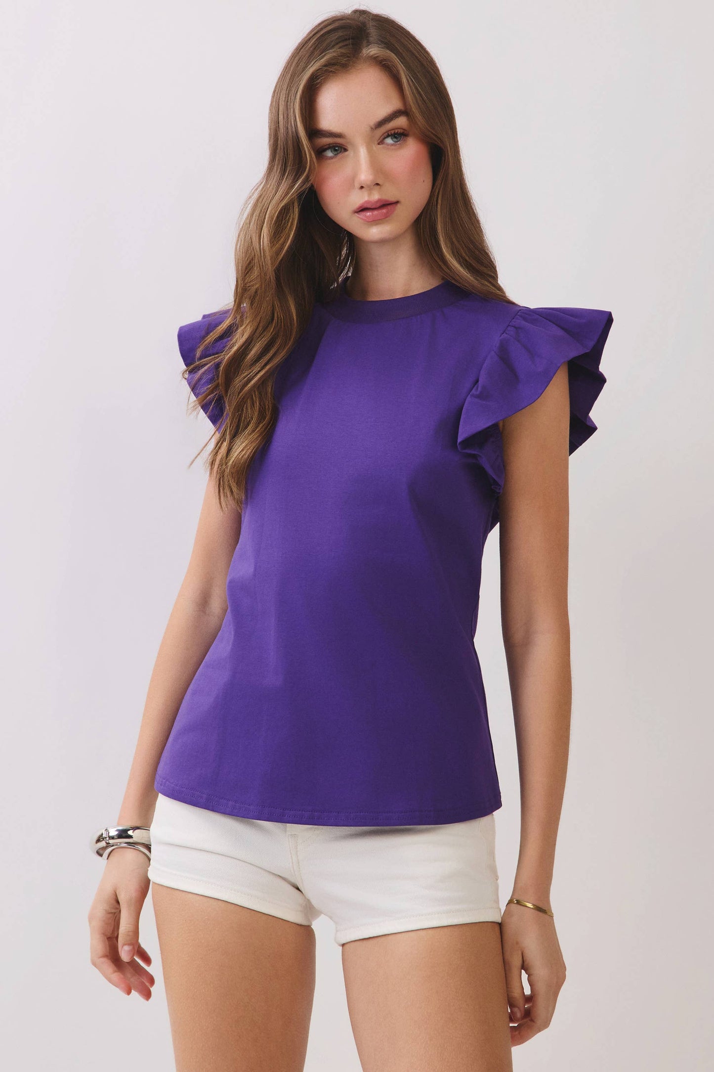 TCEC - CT8763-Ruffled Flutter Sleeves Round Neck Sleeveless Top: Red / S