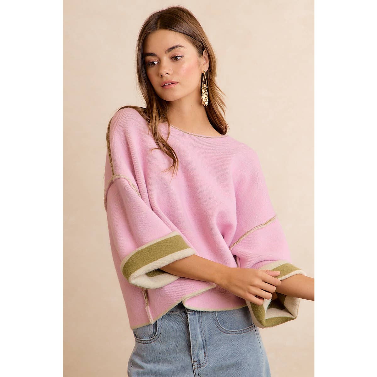 BiBi - STRIPE CONTRAST BINDING AND REVERSIBLE SWEATER: MOCHA/BLUE GREY / M