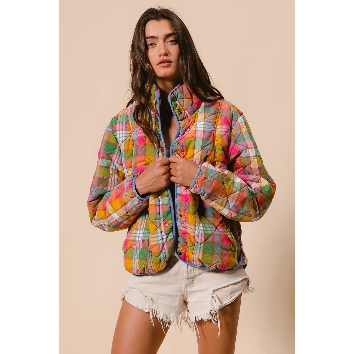 BiBi - BLEACHED VINTAGE PLAID QUILTED JACKET WITH POCKETS: STAINED GLASS / M