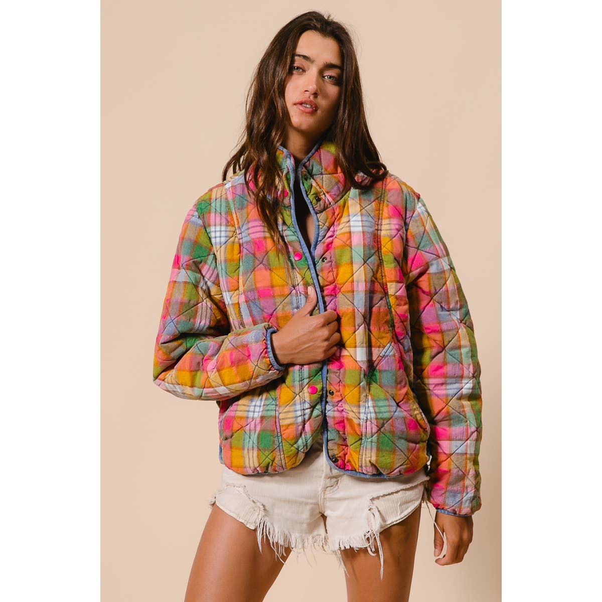 BiBi - BLEACHED VINTAGE PLAID QUILTED JACKET WITH POCKETS: STAINED GLASS / M