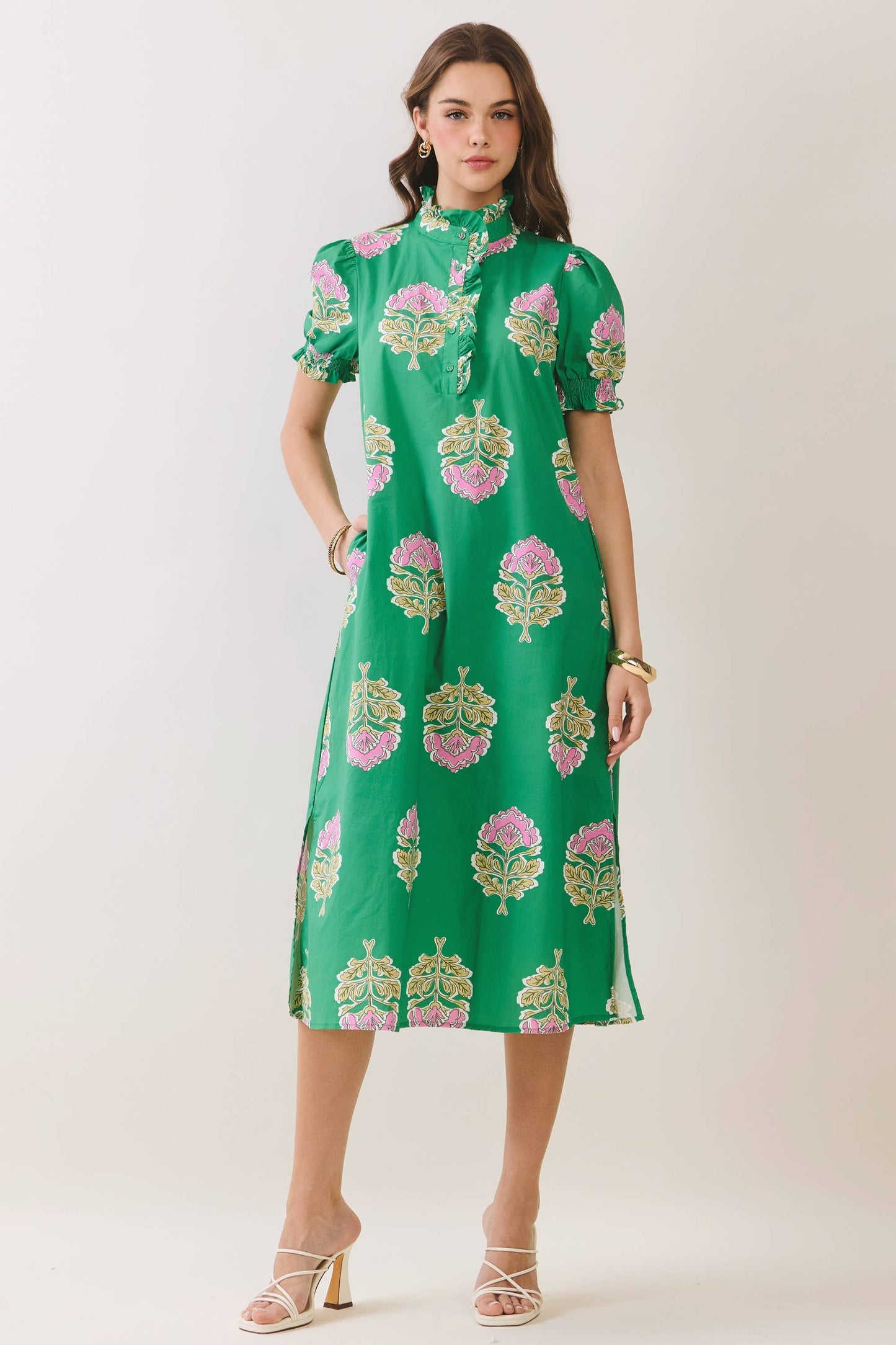 TCEC - CD06970-Floral Print Ruffle Collar Button Down Midi Dress: Green / M