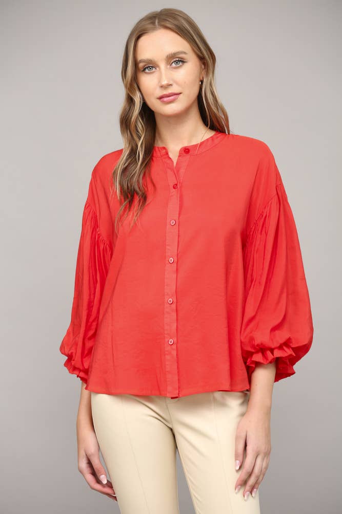FATE - PUFF SLEEVE BUTTON DOWN SHIRT FT1585: FUCHSIA / M