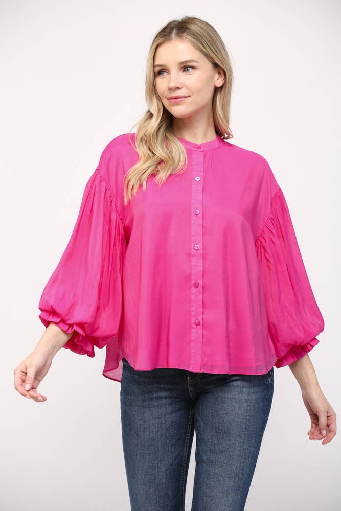 FATE - PUFF SLEEVE BUTTON DOWN SHIRT FT1585: FUCHSIA / M