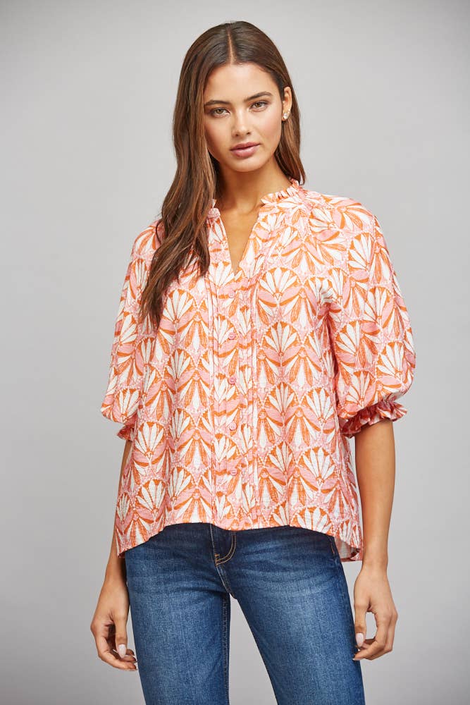 FATE - GEO PRINT RUFFLED STAND COLLAR SHORT SLV BLOUSE FT22326: CREAM MULTI / M