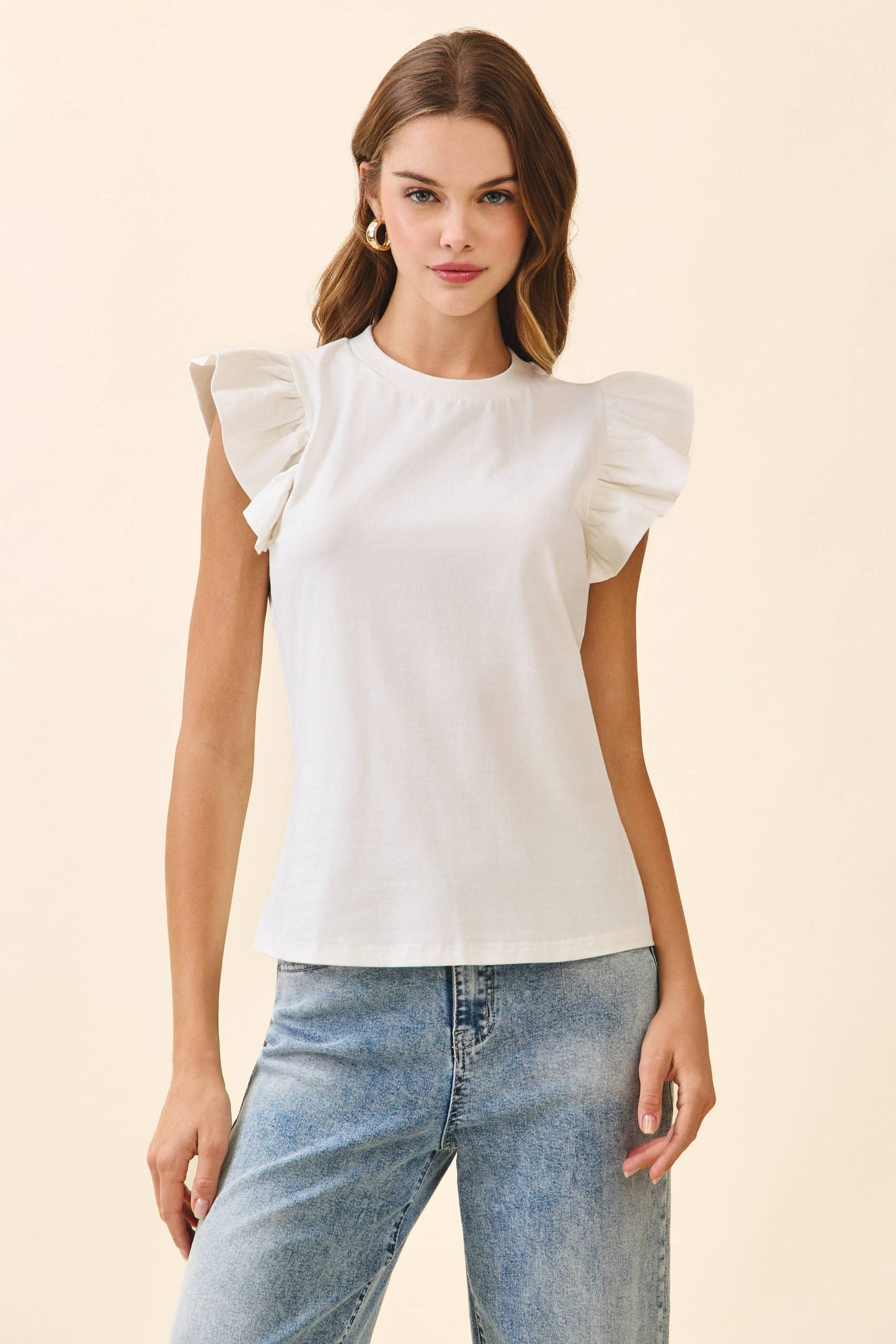 TCEC - CT8763-Ruffled Flutter Sleeves Round Neck Sleeveless Top: Red / S