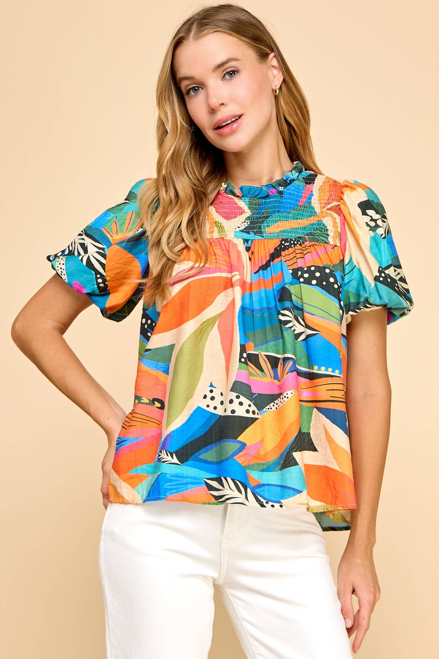 TCEC - CT9486-Abstract Print Smoked Detail Puff Sleeves Top: MULTI / M