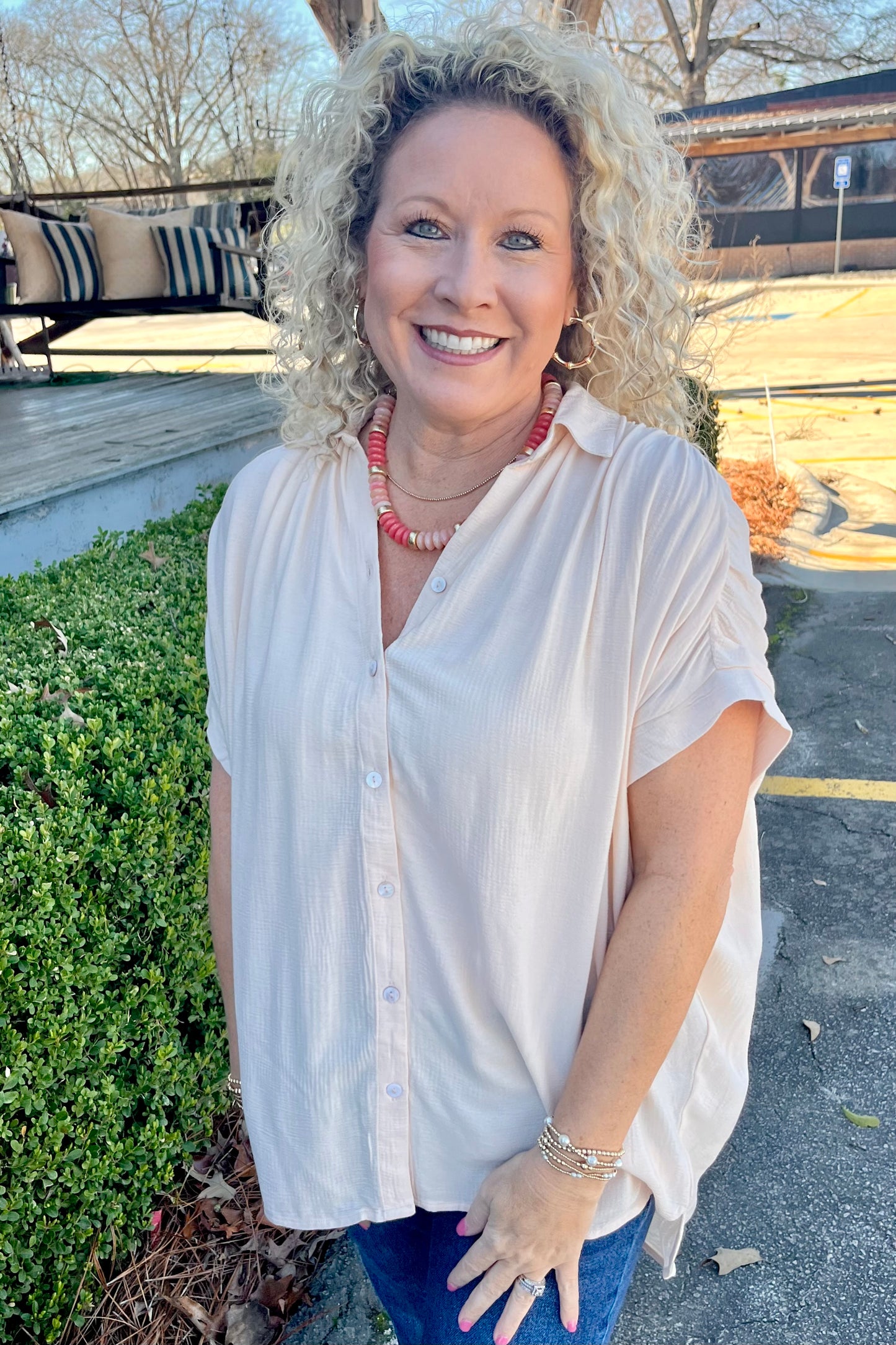 Smocked Fabric Collared Button Down Top | Light Peach