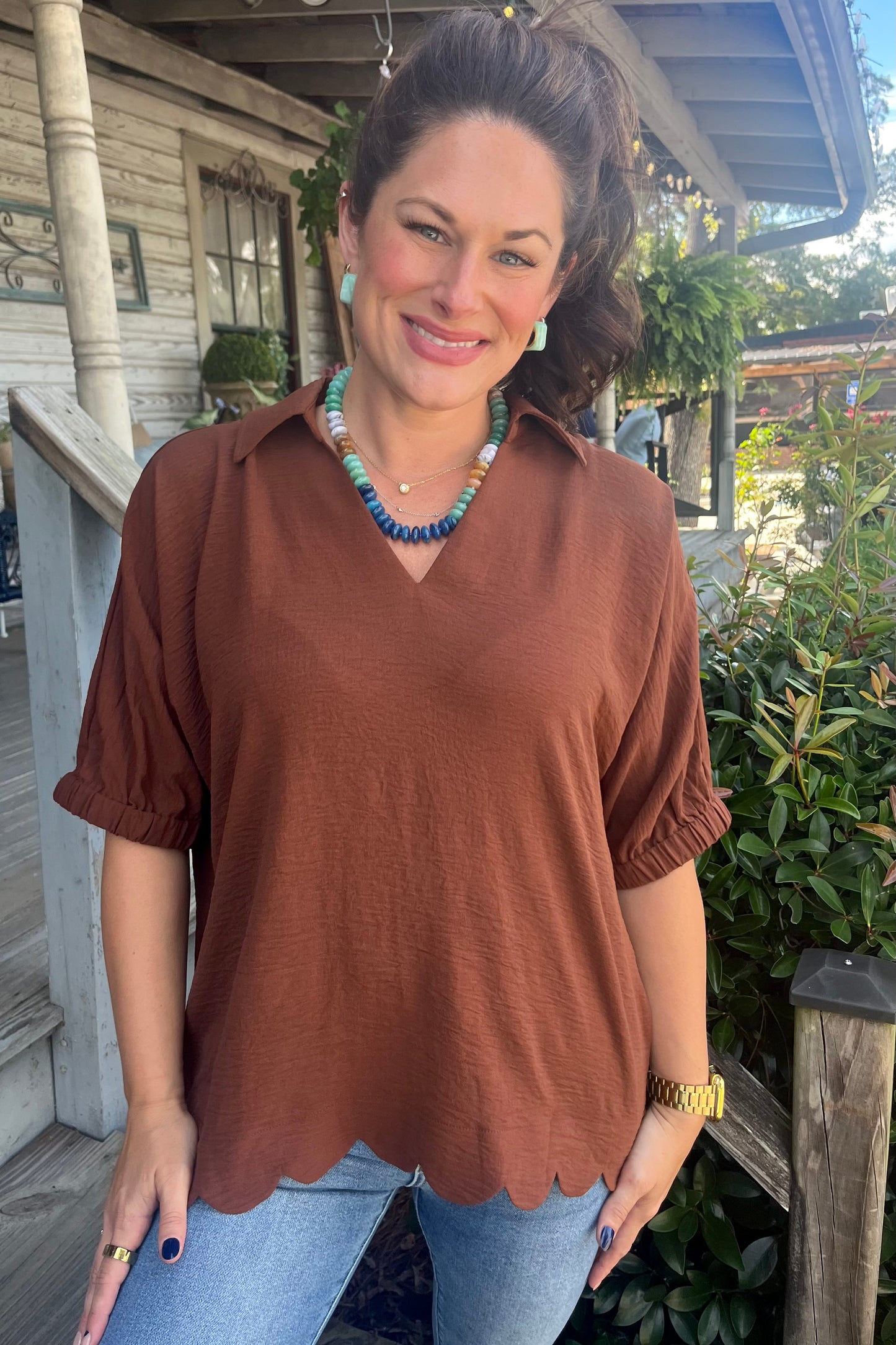 Georgia Scallop Top | Brown