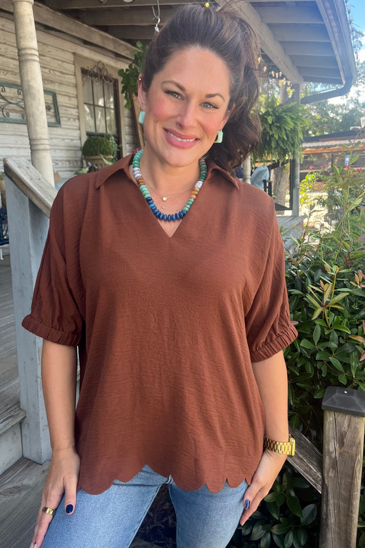 Georgia Scallop Top | Brown