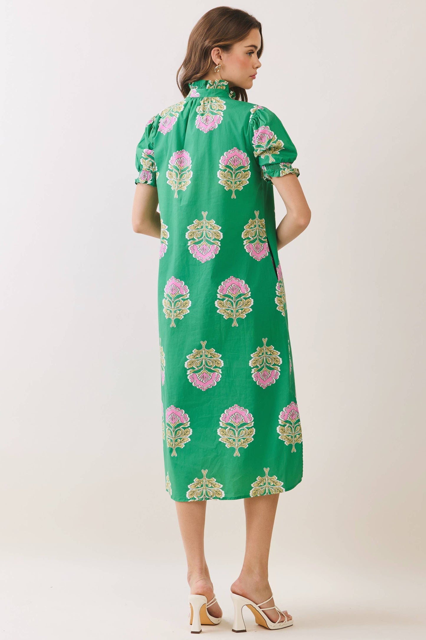 TCEC - CD06970-Floral Print Ruffle Collar Button Down Midi Dress: Green / M