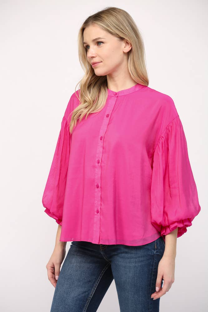 FATE - PUFF SLEEVE BUTTON DOWN SHIRT FT1585: FUCHSIA / M