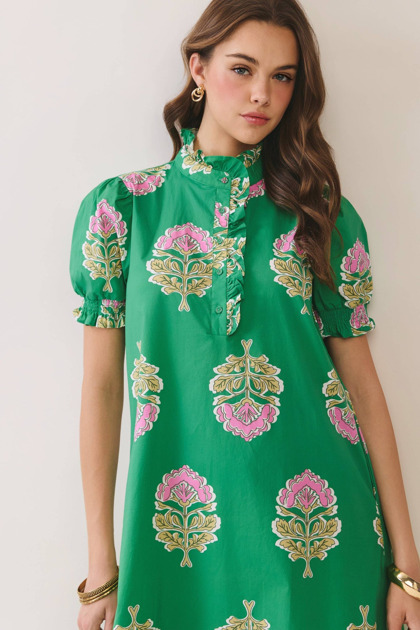 TCEC - CD06970-Floral Print Ruffle Collar Button Down Midi Dress: Green / M