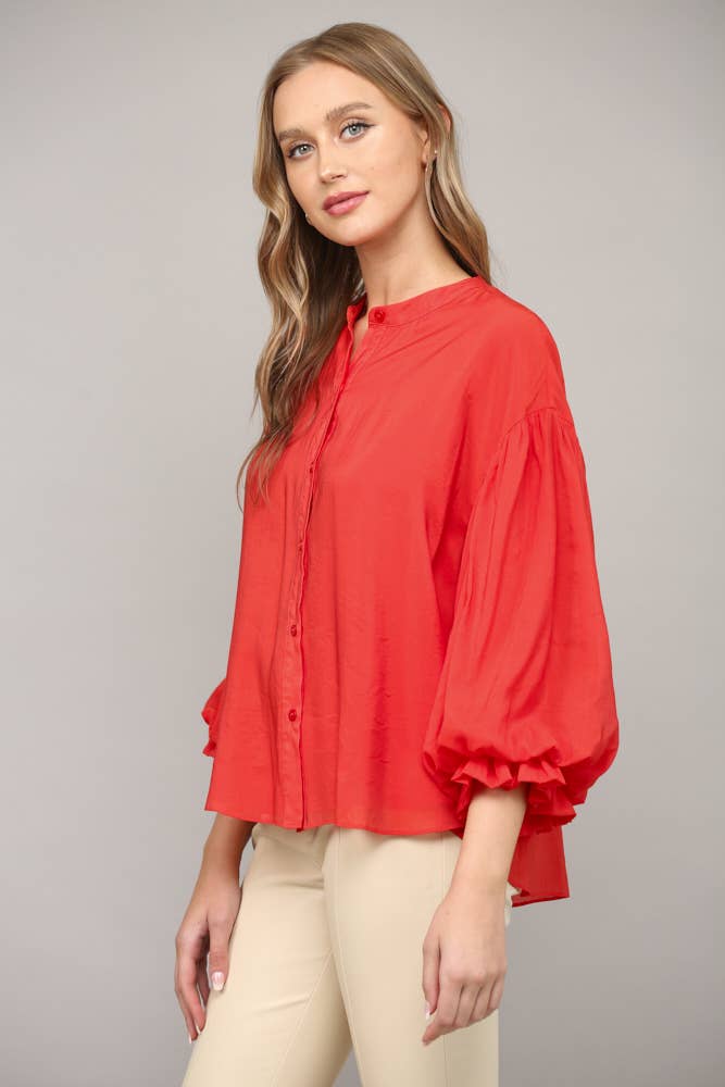 FATE - PUFF SLEEVE BUTTON DOWN SHIRT FT1585: FUCHSIA / M