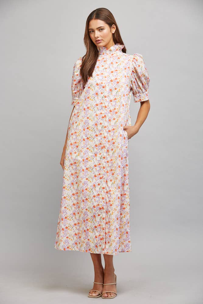 FATE - FLORAL HIGH RUFFLED COLLAR  PUFF SLV BUTTON DRESS FD30590: CREAM/ LAVENDER / M