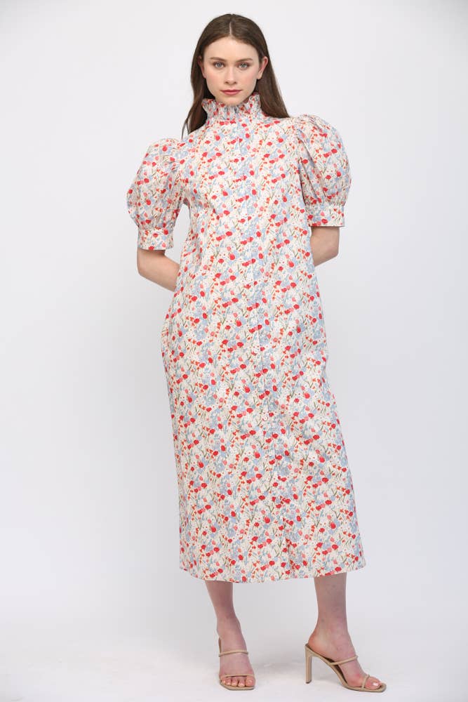 FATE - FLORAL HIGH RUFFLED COLLAR  PUFF SLV BUTTON DRESS FD30590: CREAM/ LAVENDER / M