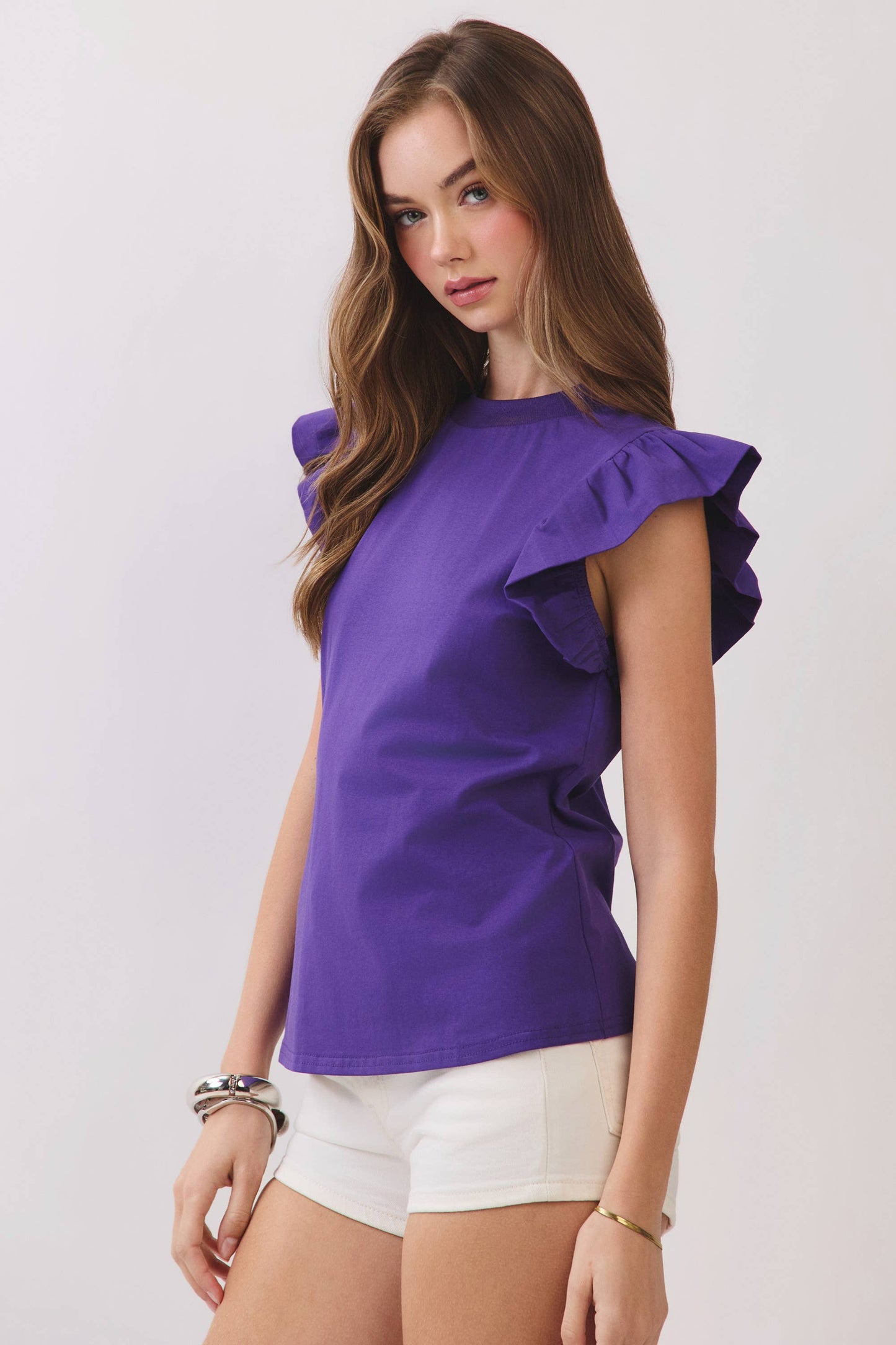 TCEC - CT8763-Ruffled Flutter Sleeves Round Neck Sleeveless Top: Red / S