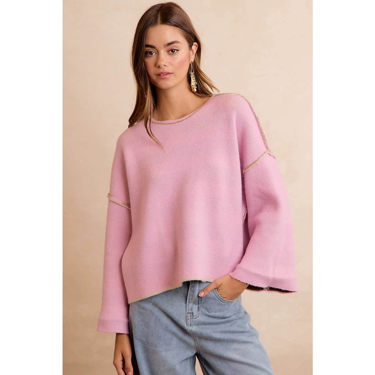 BiBi - STRIPE CONTRAST BINDING AND REVERSIBLE SWEATER: MOCHA/BLUE GREY / M