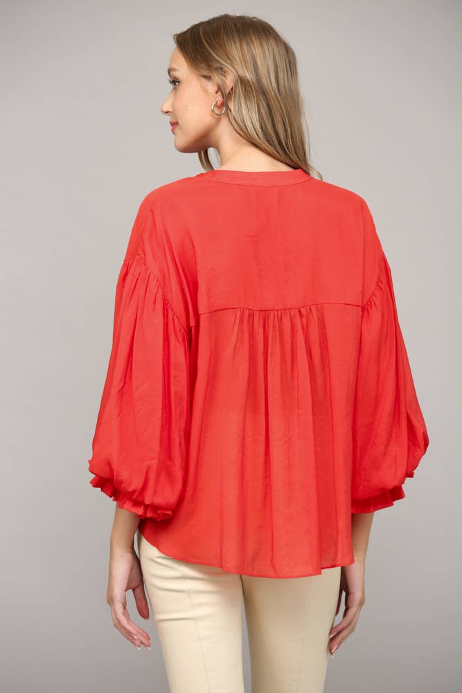 FATE - PUFF SLEEVE BUTTON DOWN SHIRT FT1585: FUCHSIA / M