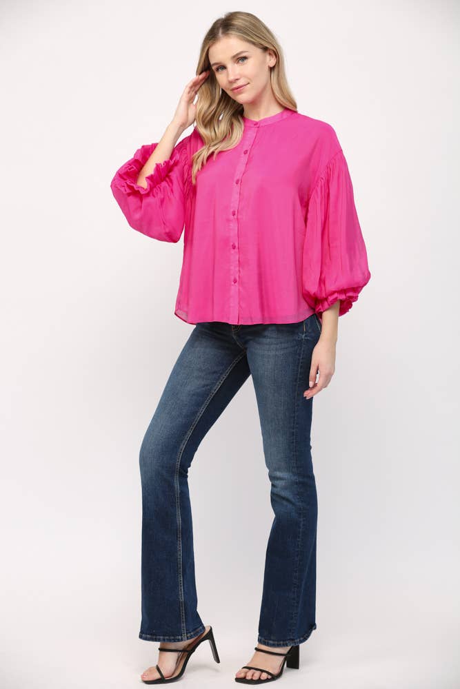 FATE - PUFF SLEEVE BUTTON DOWN SHIRT FT1585: FUCHSIA / M