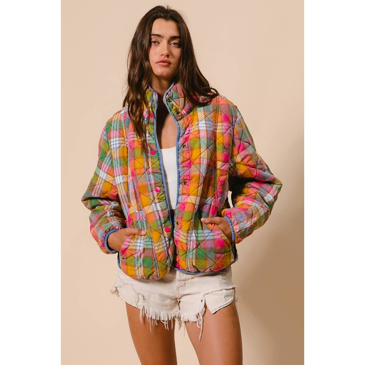 BiBi - BLEACHED VINTAGE PLAID QUILTED JACKET WITH POCKETS: STAINED GLASS / M