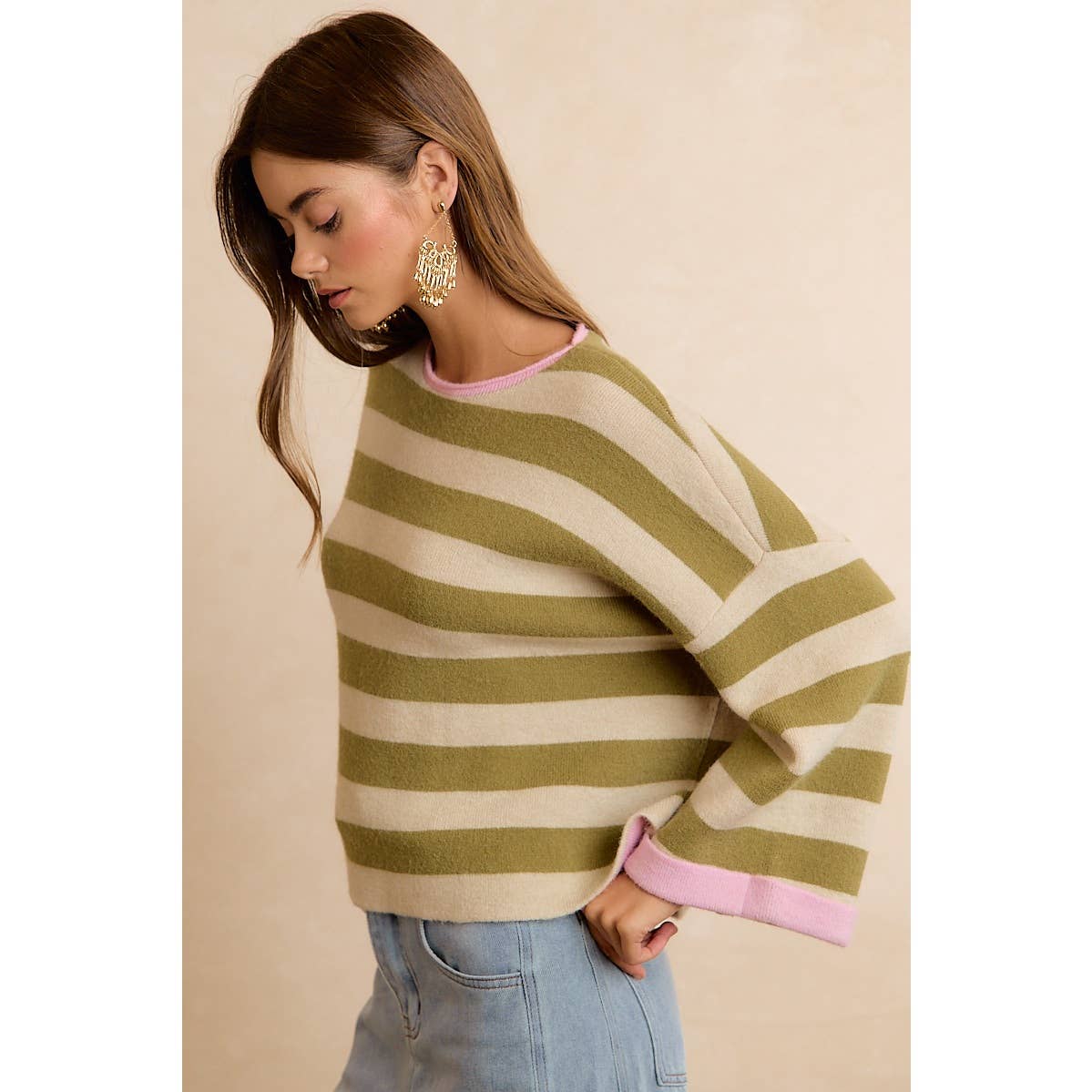 BiBi - STRIPE CONTRAST BINDING AND REVERSIBLE SWEATER: MOCHA/BLUE GREY / M