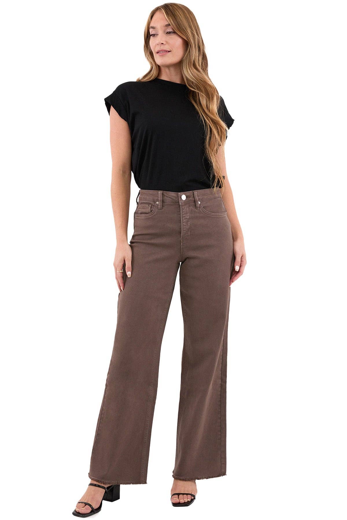RFM - Chloe High Rise  Frayed Wide Leg Pants: Java / 11/30