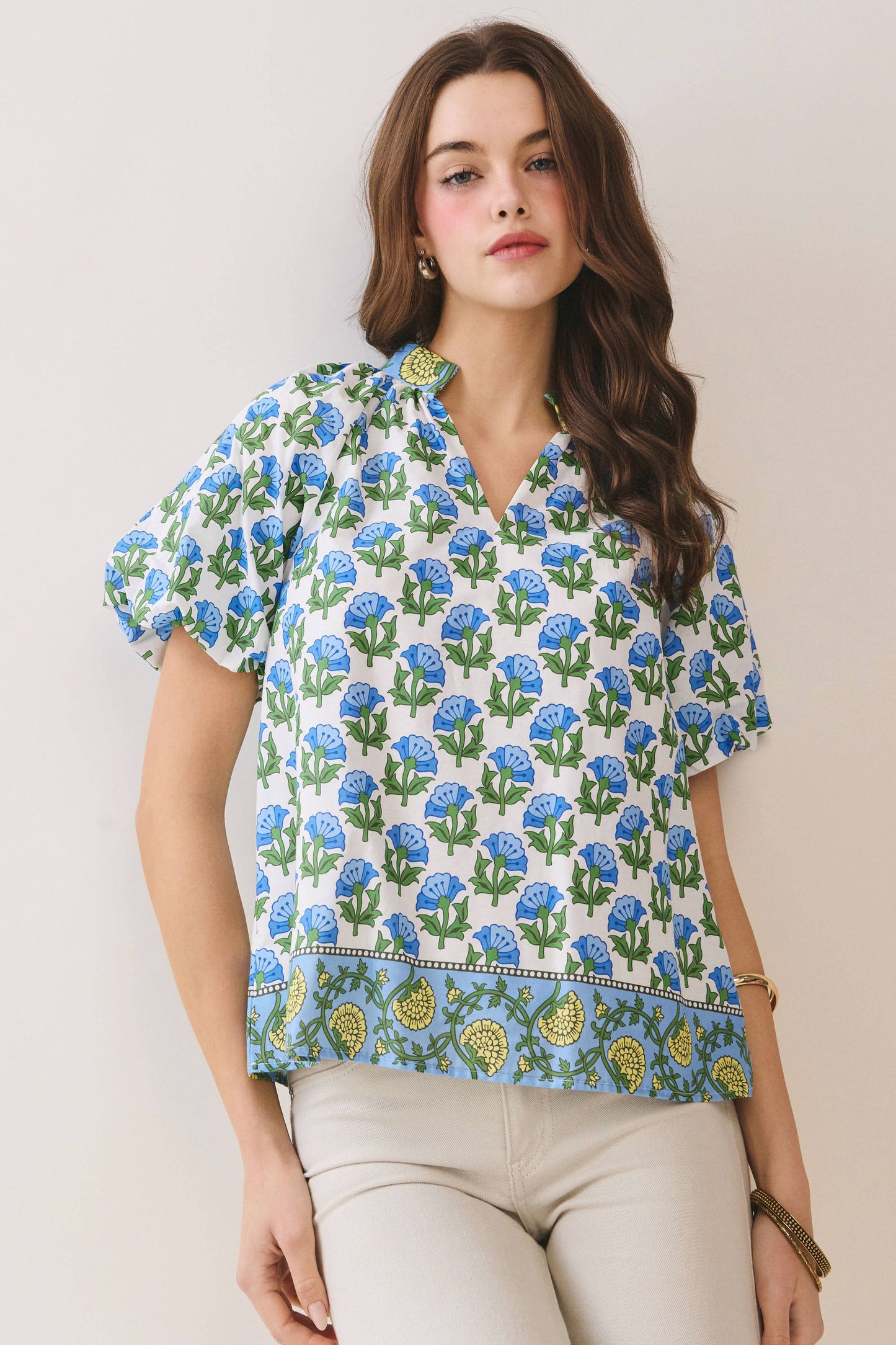 TCEC - CT9806-Floral Print Bubble Sleeves Split Neckline top: Pink / S