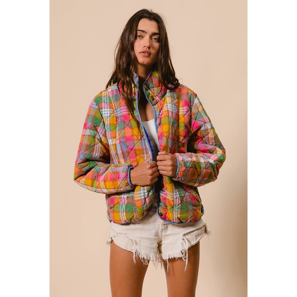 BiBi - BLEACHED VINTAGE PLAID QUILTED JACKET WITH POCKETS: STAINED GLASS / M