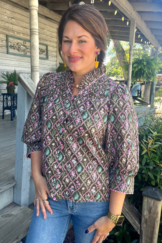 Brown Floral Button Down Top