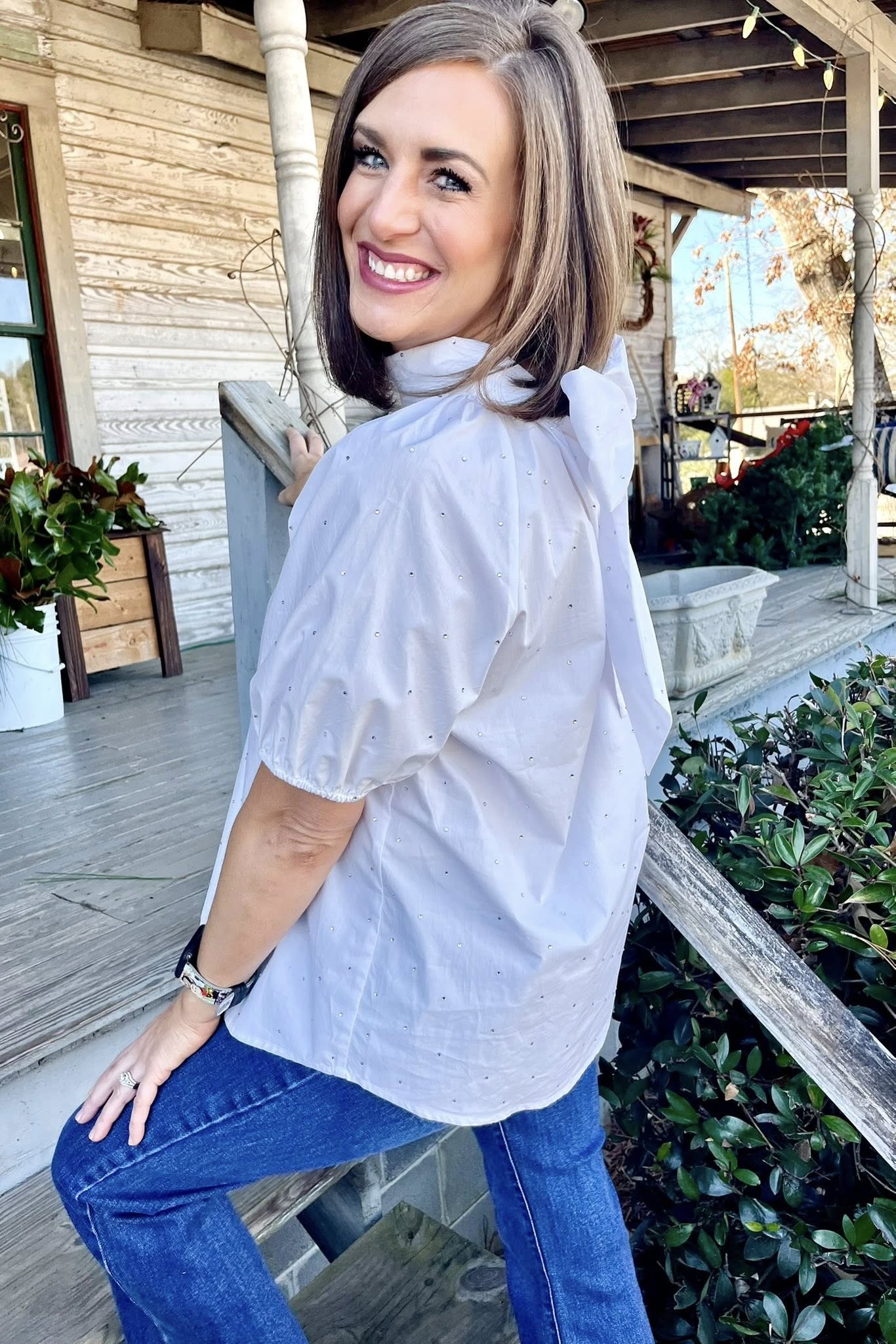 Caryn Lawn Ryan Bow Sparkle White Top
