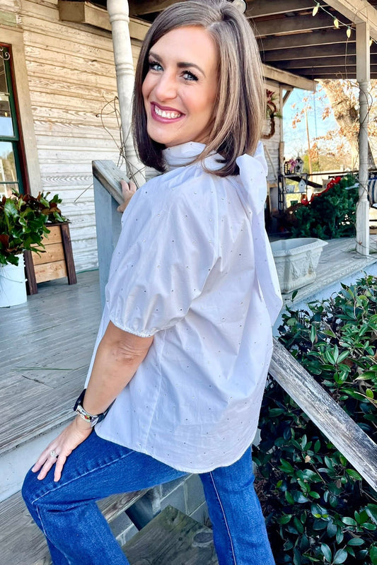 Caryn Lawn Ryan Bow Sparkle White Top